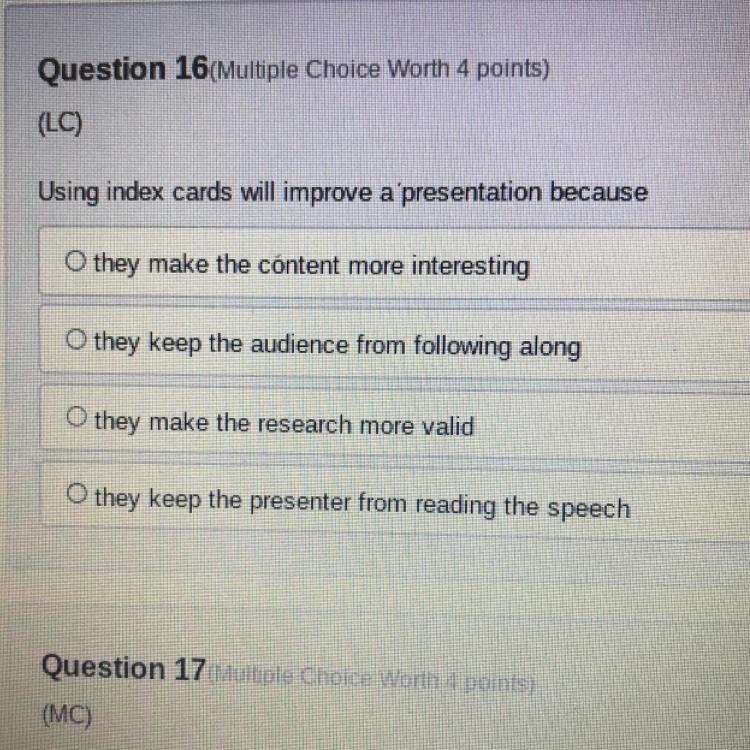 Question 16(Multiple Choice Worth 4 points) (LC) Using index cards will improve a-example-1