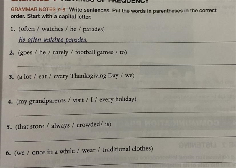 ￼ Write sentences. Put the words in parentheses in the correct order. Start with a-example-1