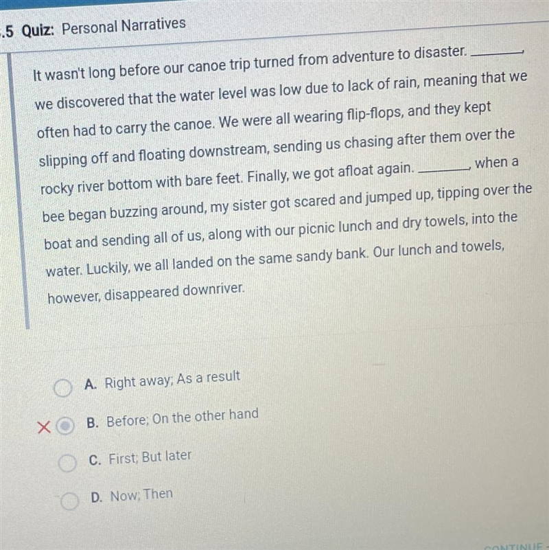 PLEASE ANSWER!! Which transitions bear clarify the sequence of events in this narrative-example-1