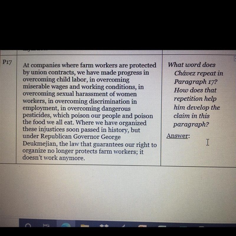 What word does Chávez repeat in Paragraph 17? How does that repetition help him develop-example-1