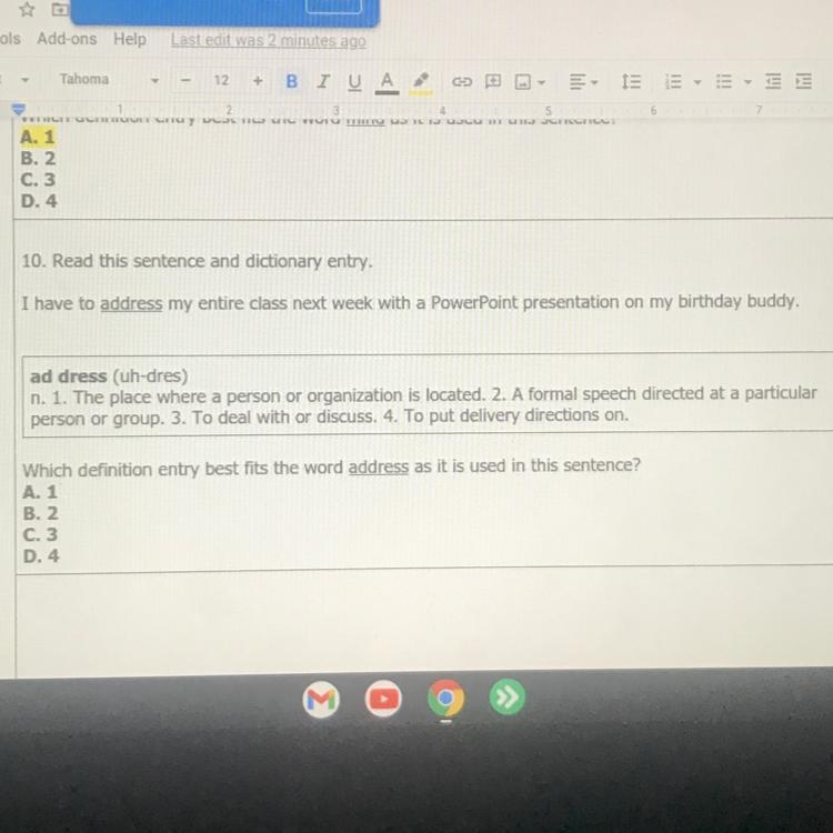 Which definition entry best fits the word ‘address’ as it’s used in the shown sentence-example-1