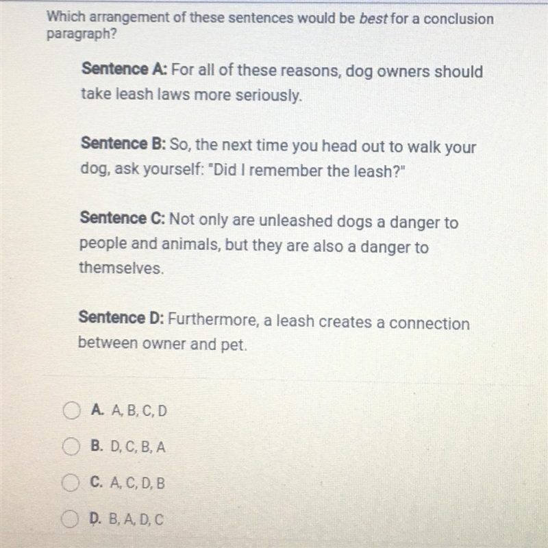 Question 1 of 5 Which arrangement of these sentences would be best for a conclusion-example-1