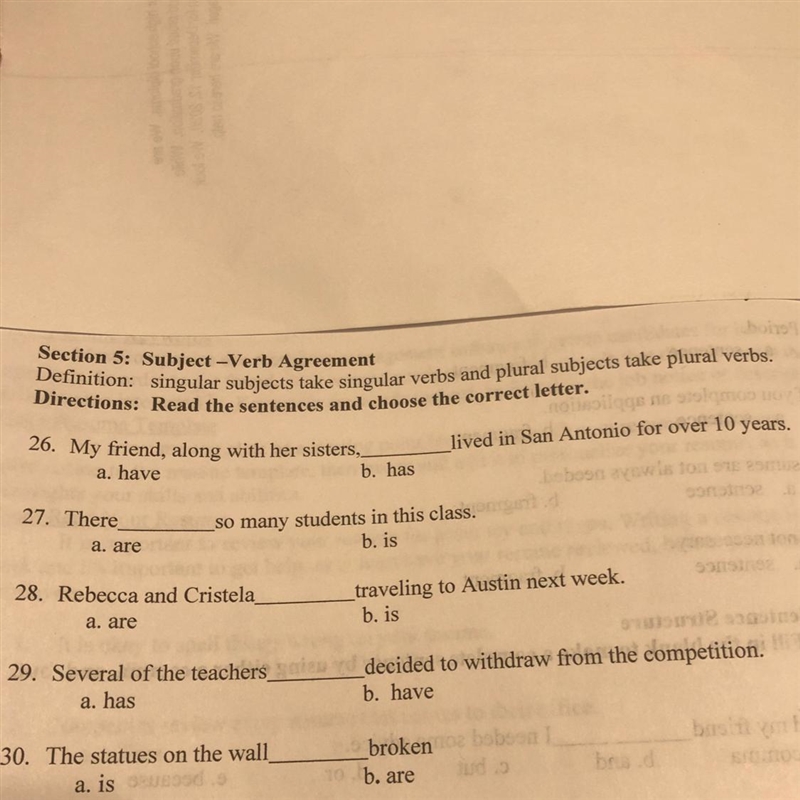 Section 5: Subject -Verb Agreement Definition: singular subjects take singular verbs-example-1