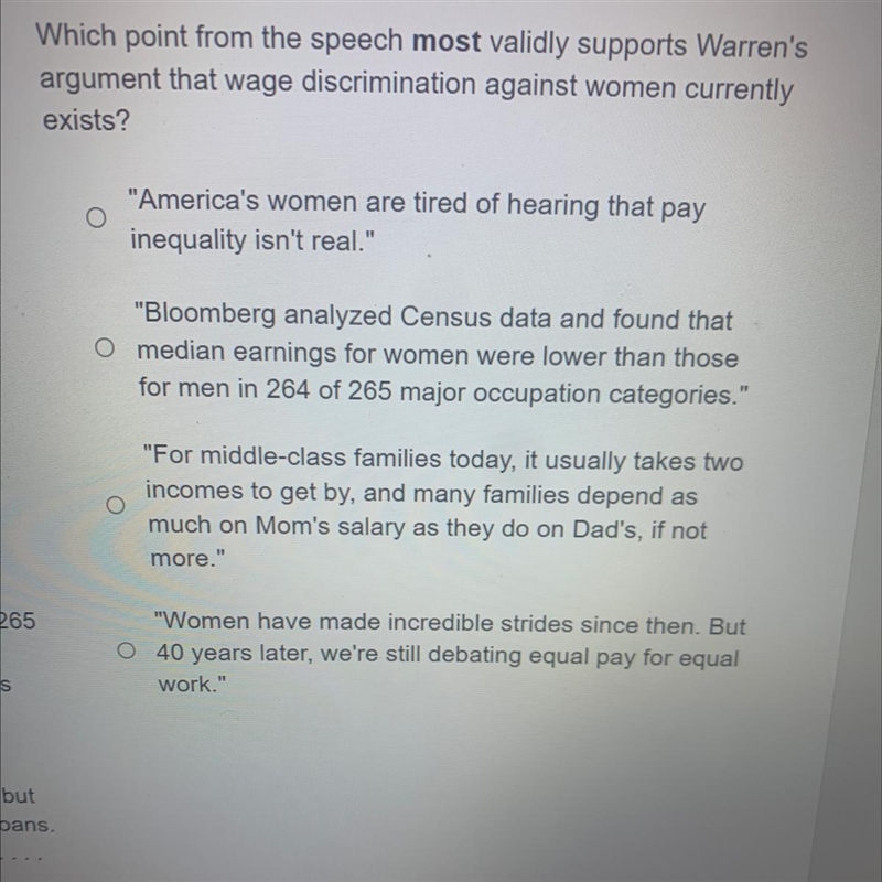 Which point from the speech most validly supports Warren's argument that wage discrimination-example-1