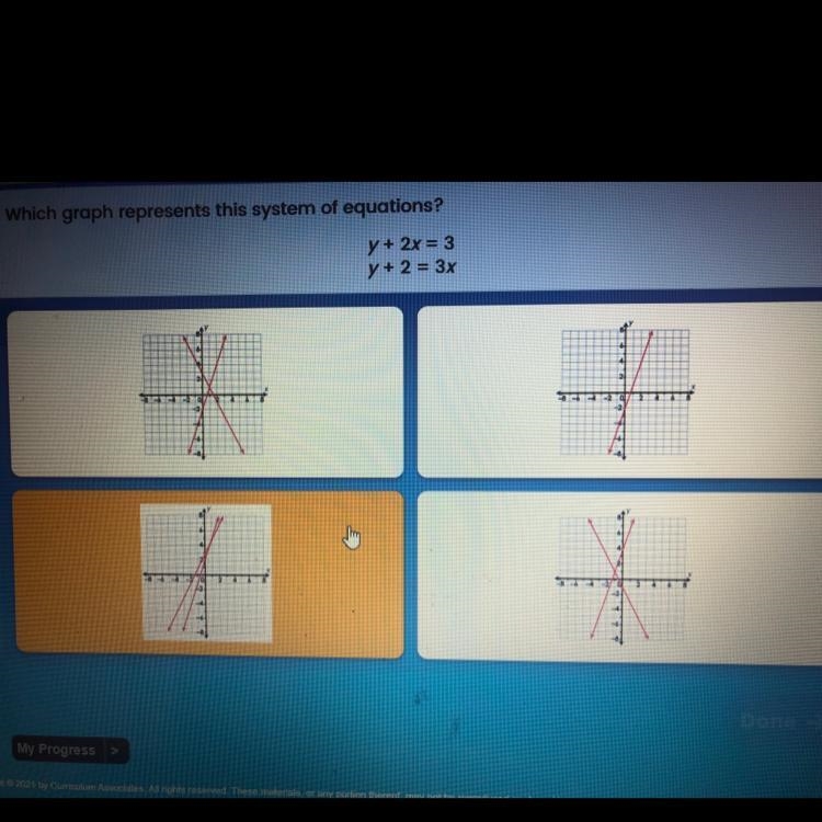 Which graph represents this system of equations? y + 2x = 3 y + 2 = 3x-example-1