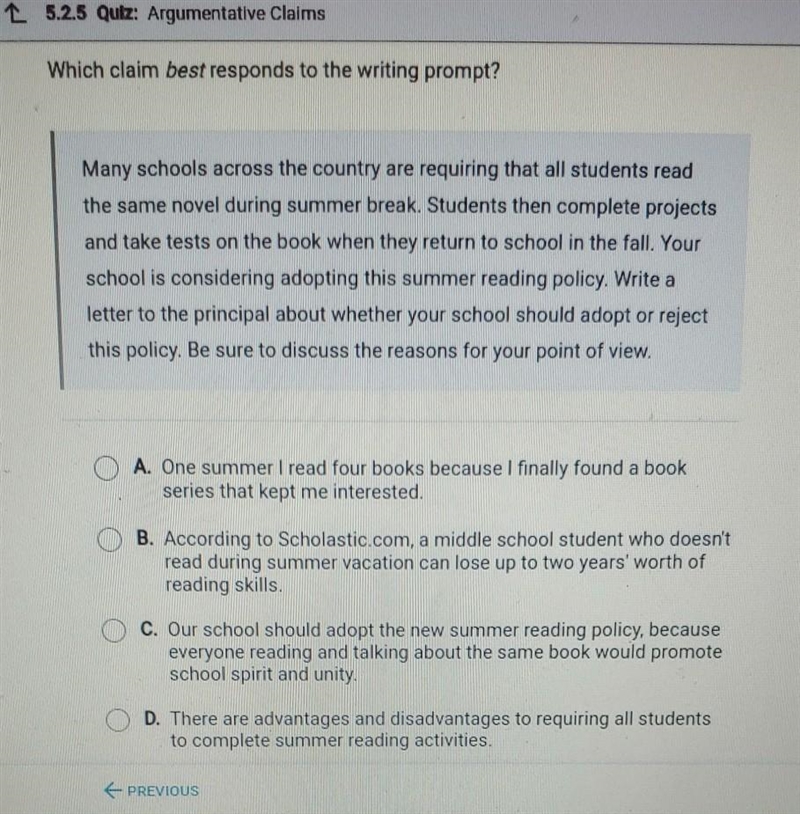 Question 4 of 5 Which claim best responds to the writing prompt? Many schools across-example-1