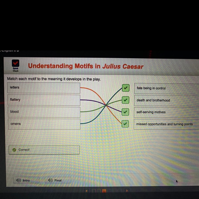 Match each motif to the meaning it develops in the play. letters fate being in control-example-1