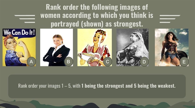 Rank order the following images of women according to which you think is portrayed-example-1