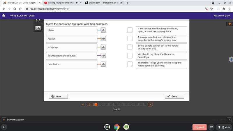 Match the parts of an argument with their examples.-example-1