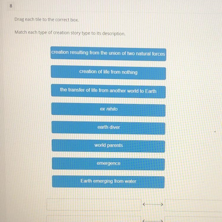 Drag each tile to the correct box. Match each type of creation story type to its description-example-1