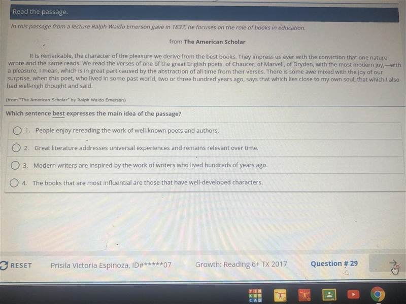 Which sentence best expresses the main idea of the passage “the American scholar”-example-1