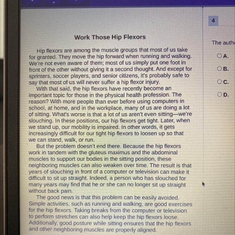 The author would most likely agree with the idea that OA. hip flexors are important-example-1