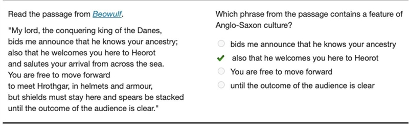 Which phrase from the passage contains a feature of Anglo-Saxon culture? Please post-example-1