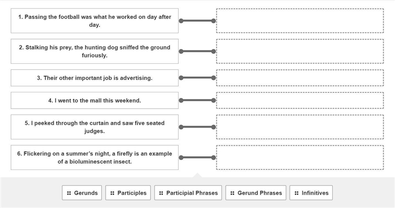 Match the sentence with the verbal type by dragging and dropping the verbal type from-example-1