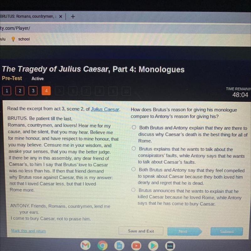 Read the excerpt from act 3, scene 2, of Julius Caesar. How does Brutus's reason for-example-1