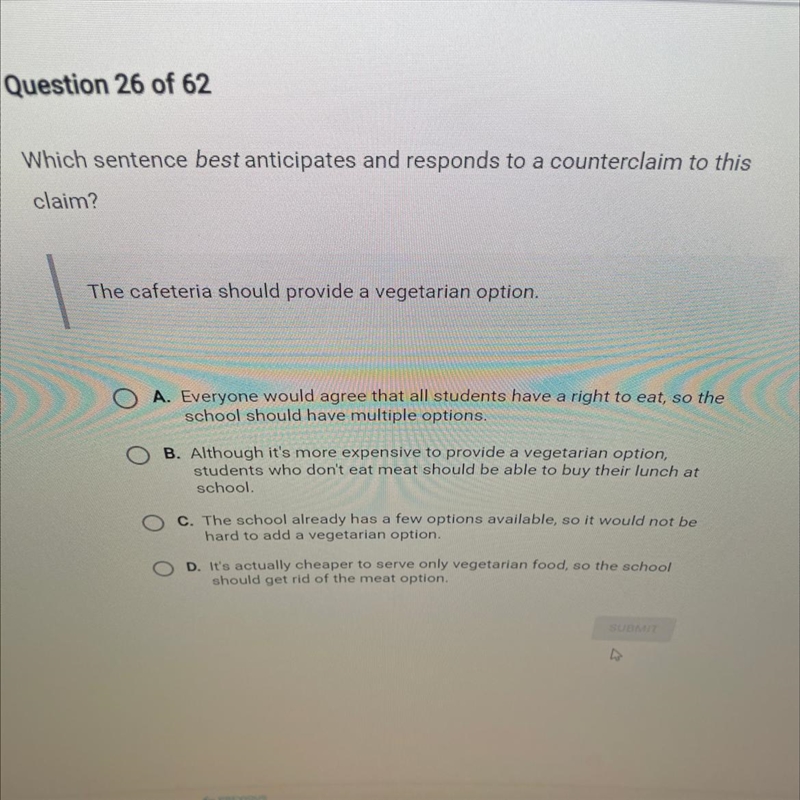 Which sentence best anticipates and responds to a counterclaim to this claim? The-example-1