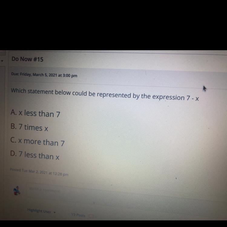 Which statement below could be represented by the expression 7 - x-example-1