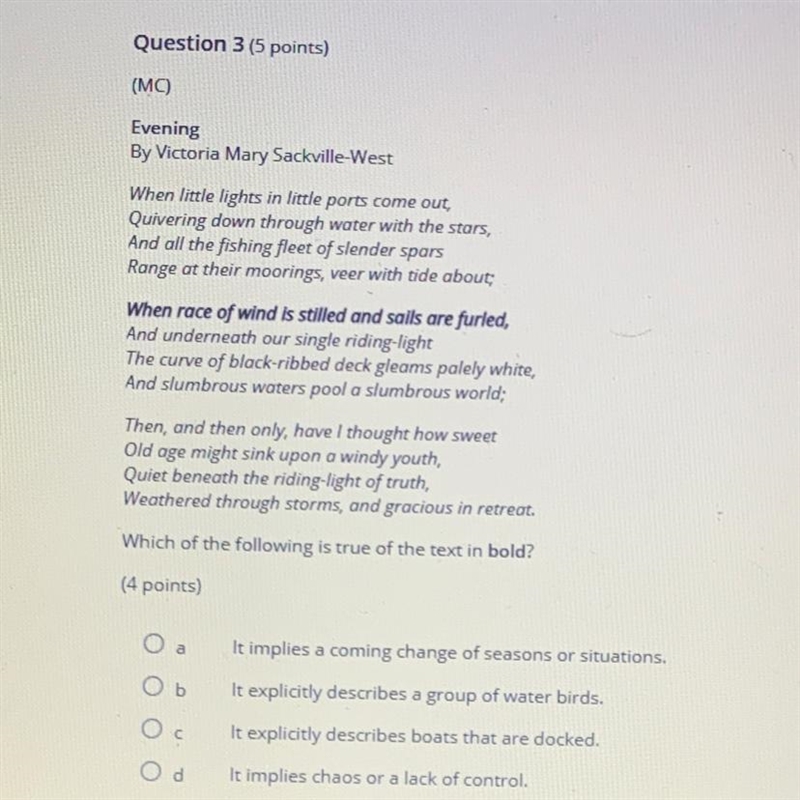 Question 3 (5 points) (MC) Evening By Victoria Mary Sackville-West When little lights-example-1