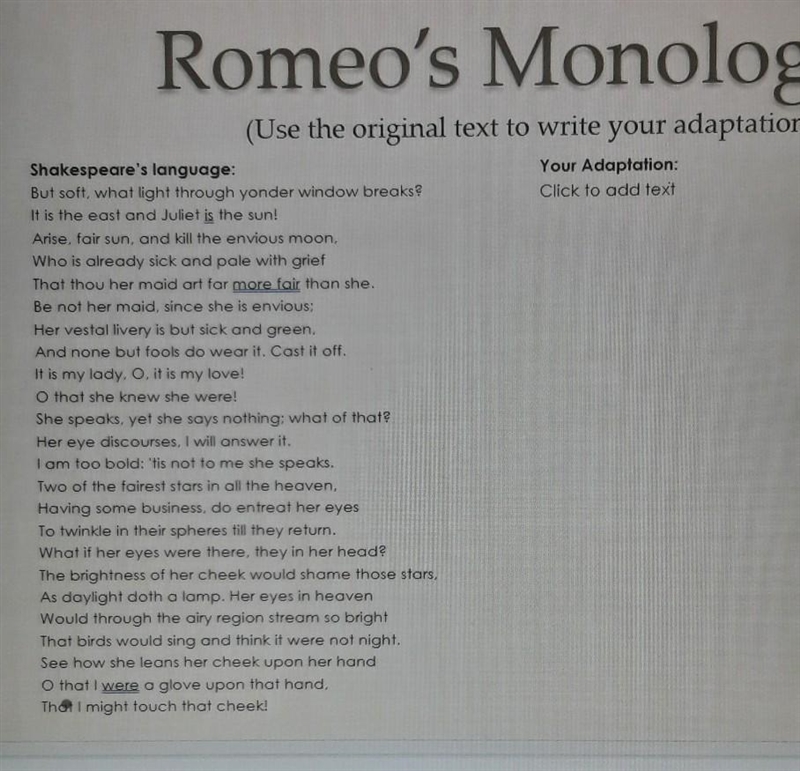 Hey is someone down to help me? I have to rewrite a part of the poem Romero and juliet-example-1