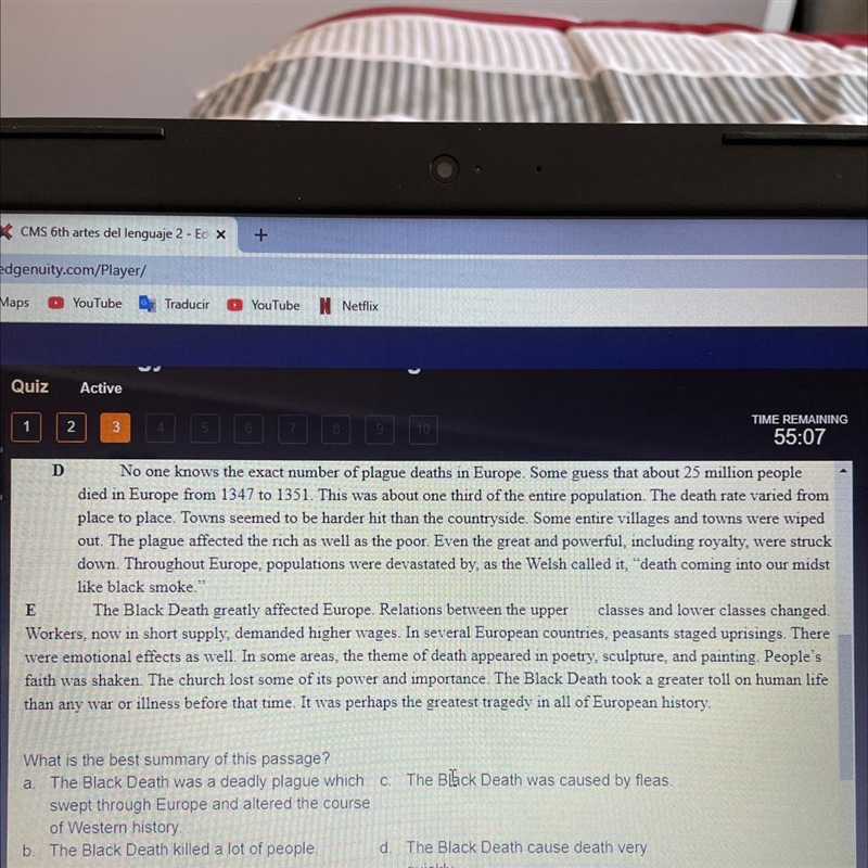 What is the summary of this passage? A.the Black Death was a deadly plague which swept-example-1