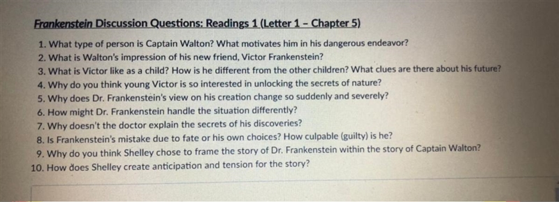 Frankenstein Discussion Questions: Readings 1 (Letter 1 - Chapter 5)-example-1