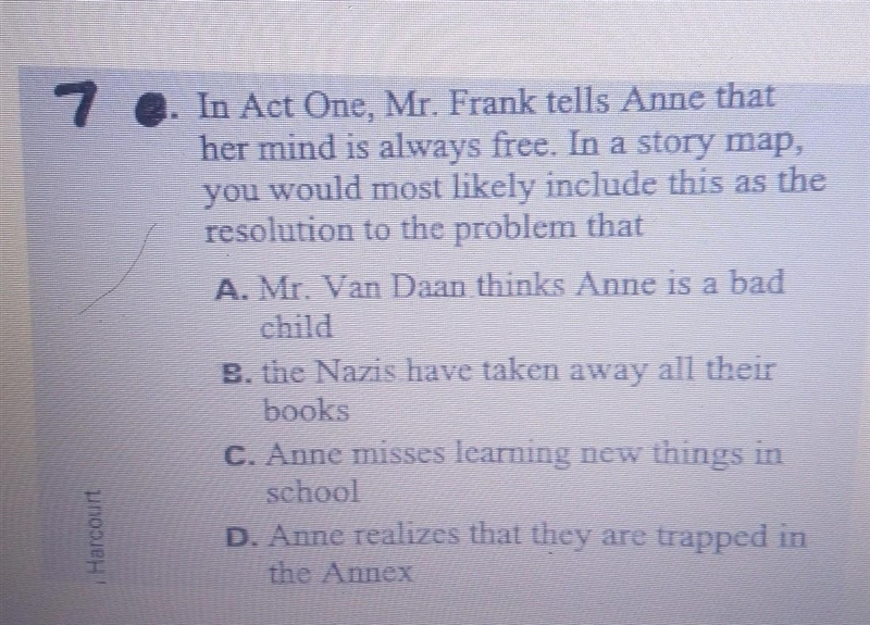 In Act One, Mr. Frank tells Anne that her mind is always free. In a story map, you-example-1