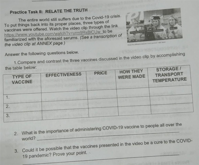 Compare and contrast the three vaccines discussed in the video clip by accomplishing-example-1