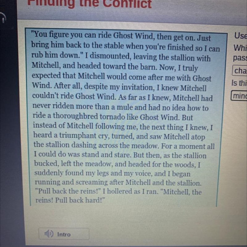 Use the drop-down menus to answer the questions. Which type of conflict is Mitchell-example-1