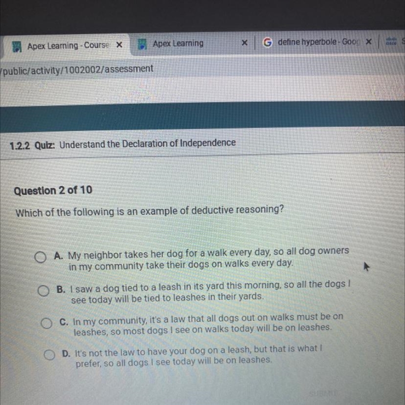 Which of the following is an example of deductive reasoning?-example-1