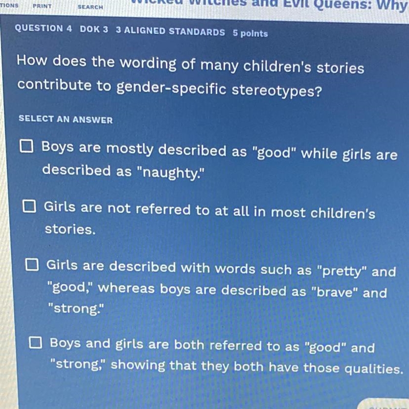 How does the wording of many children's stories contribute to gender-specific stereotypes-example-1