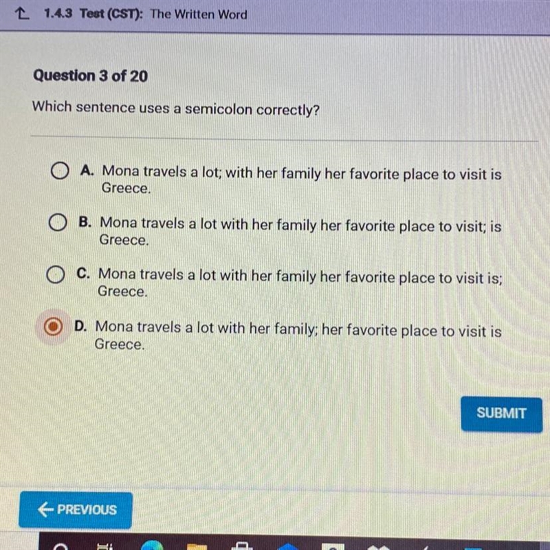 Which sentence uses the semicolon correctly? With explanation please-example-1