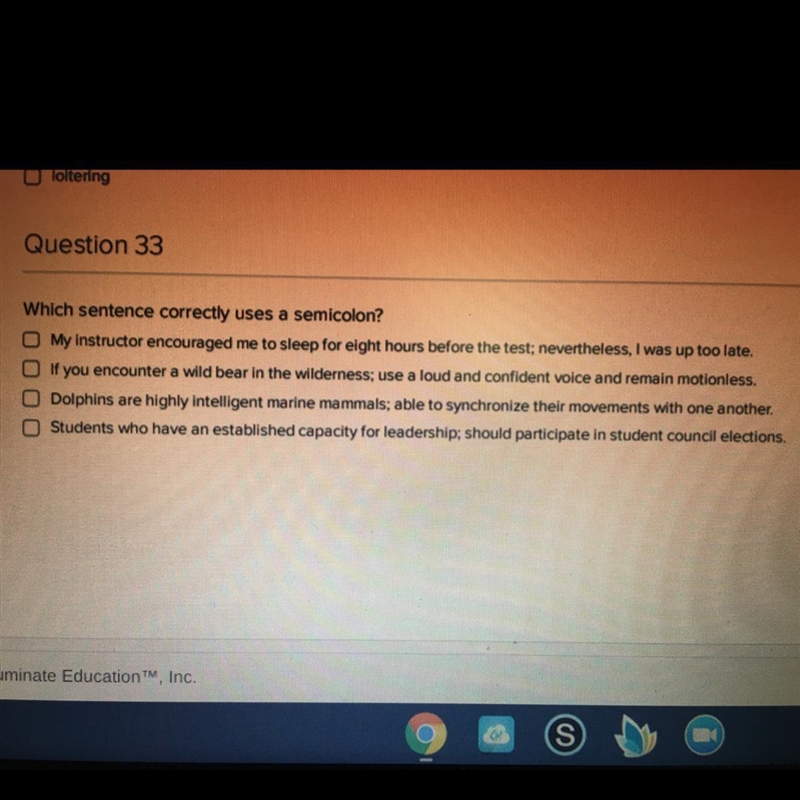 Which sentence correctly uses a semicolon ? [ Easy ]-example-1