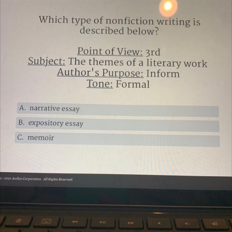 Which type of nonfiction writing is described below? Point of View: 3rd Subject: The-example-1