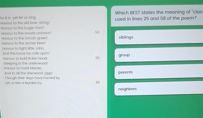 Which BEST states the meaning of clan" as it is used in lines 25 and 58 of the-example-1