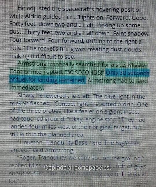 Select the highlighted sentence that tells why armstrong and aldrin were in a hurry-example-1