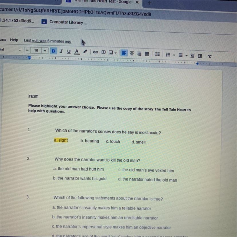 TEST Please highlight your answer choice. Please use the copy of the story The Tell-example-1