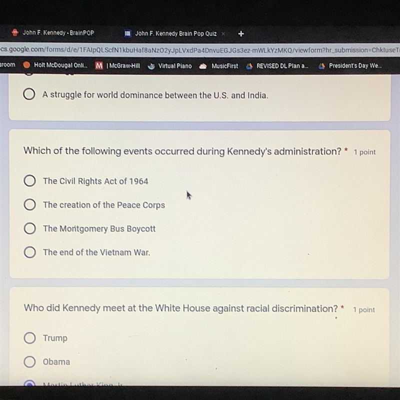 Which of the following events occurred during Kennedy's administration? A. The Civil-example-1