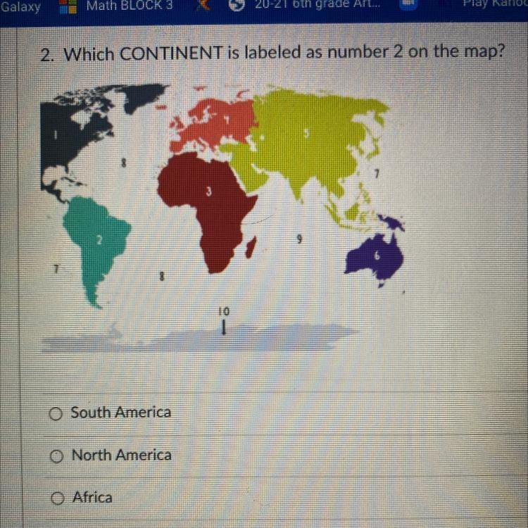 Which continent is labeled as number 2 on the map-example-1