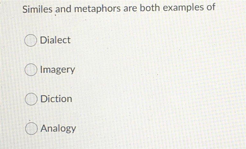 Similes and metaphors are both examples of ? A) Dialect B) Imagery C) Diction D) Analogy-example-1