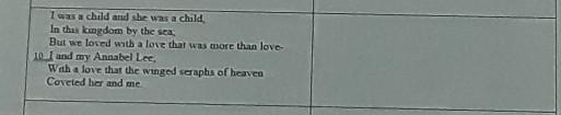 I was a child and she was a child, In this kingdom by the sea; But we loved with a-example-1