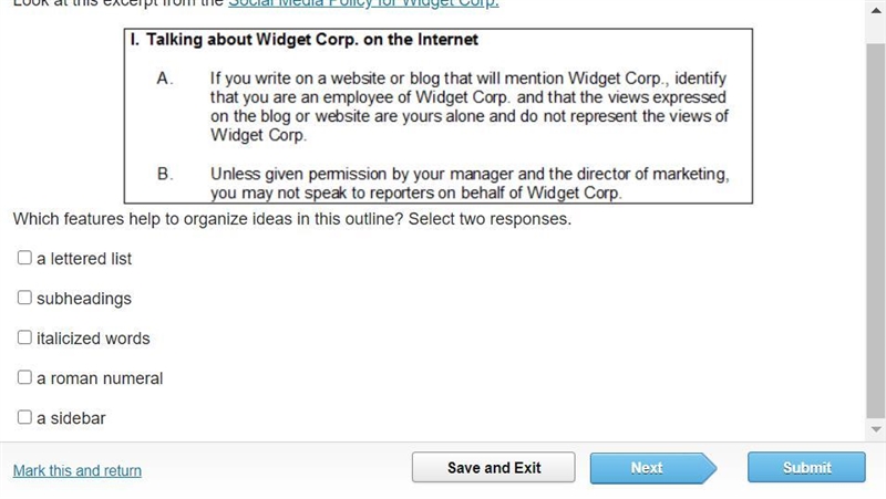 Look at this excerpt from the Social Media Policy for Widget Corp. Which features-example-1