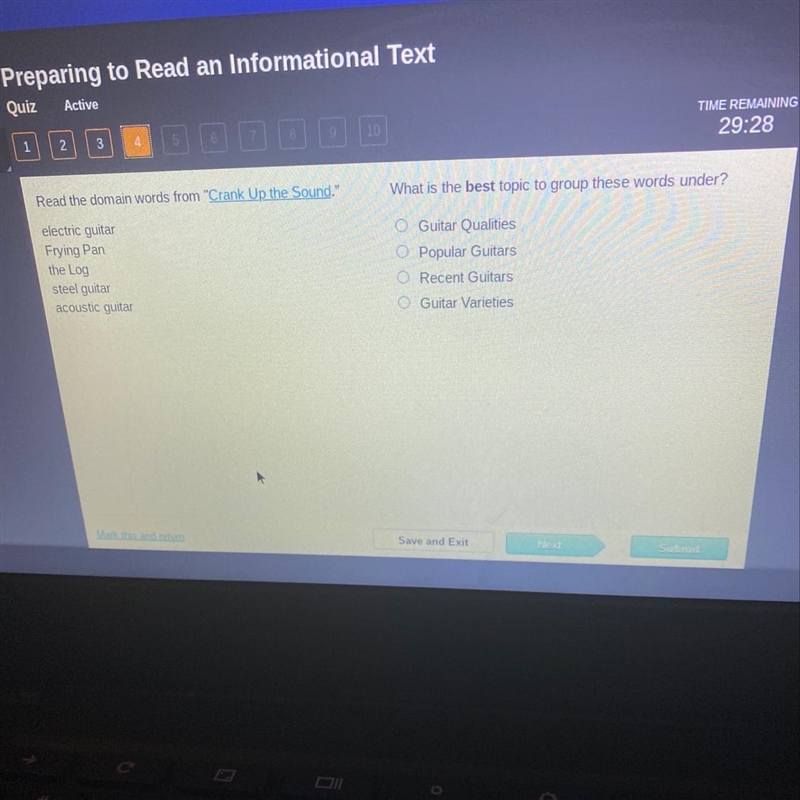 Help please A. Guitar qualities B. Popular guitars C. Recent guitars D. Guitar. Varieties-example-1