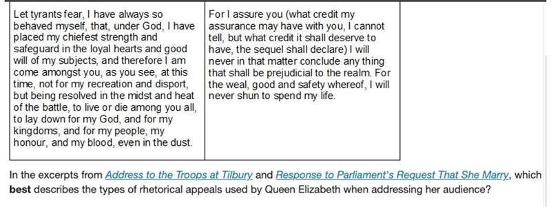 In the excerpts from Address to the Troops at Tilbury and Response to Parliament's-example-1