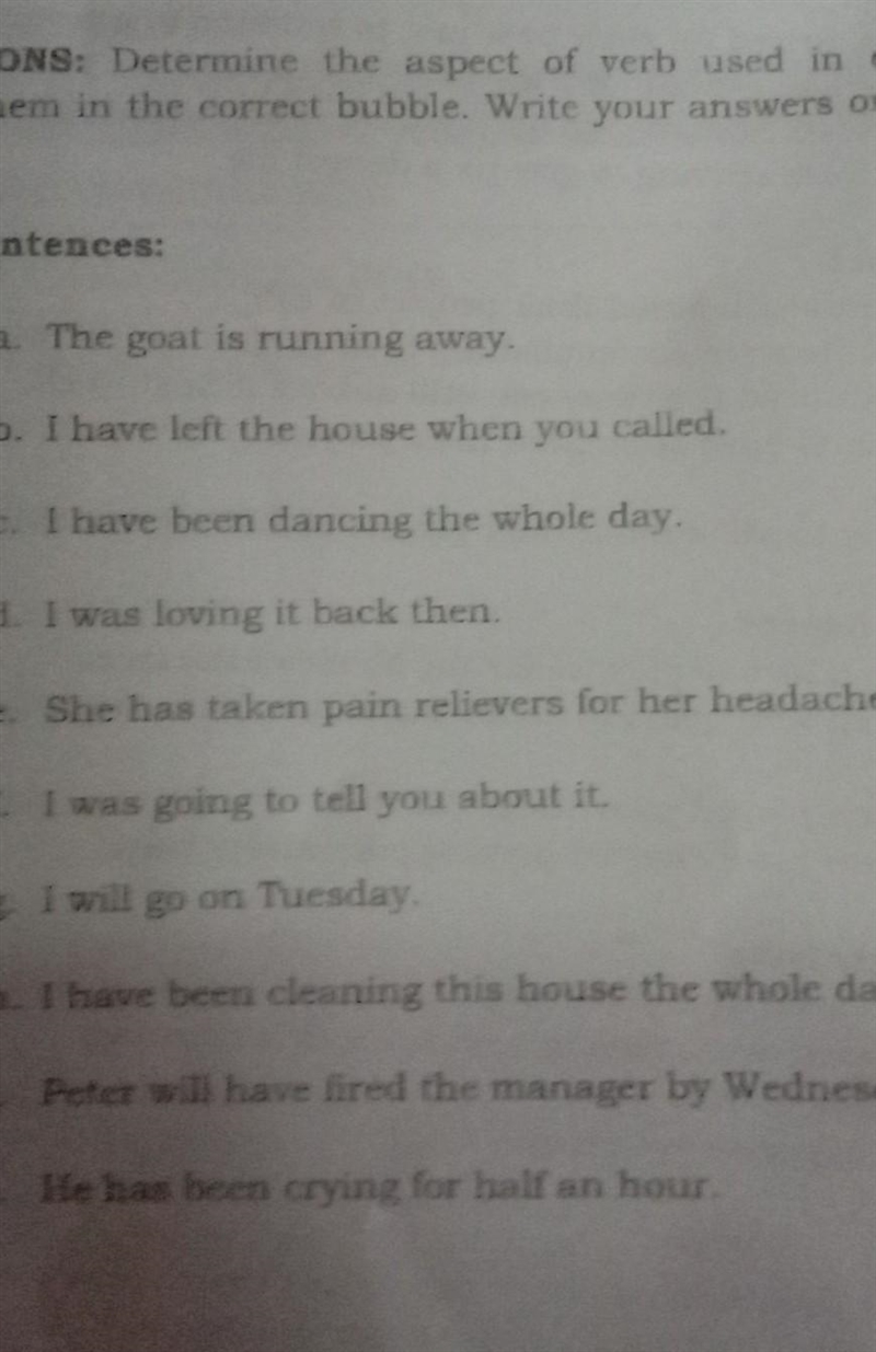 Direction determite the aspect of verb used in each sentence by placing them in the-example-1