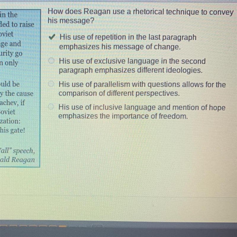 How does Reagan use a rhetorical technique to convey his message? raise 1 O His use-example-1