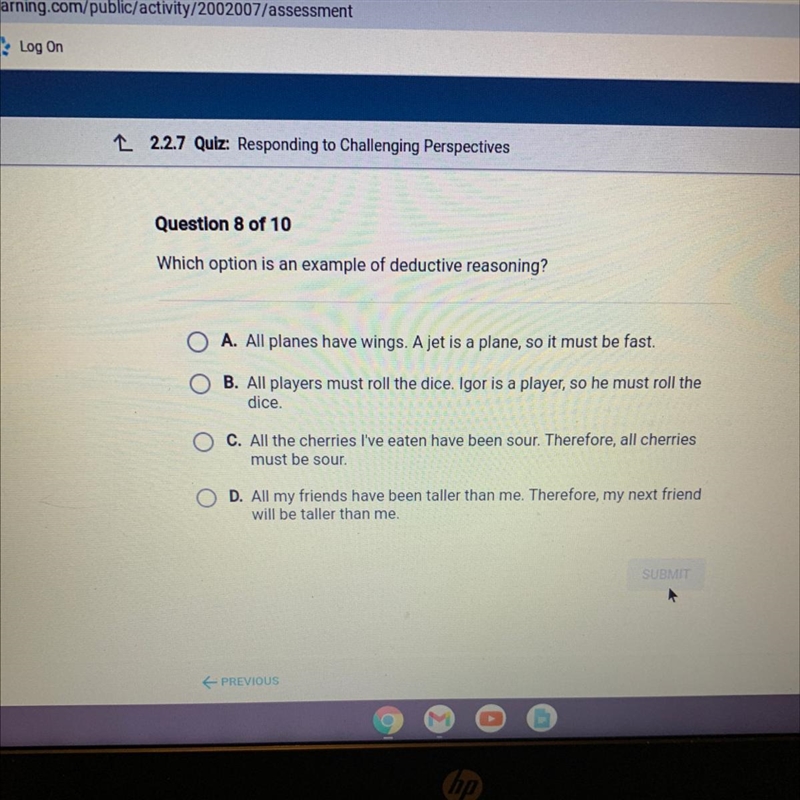 Which option is an example of deductive reasoning?-example-1