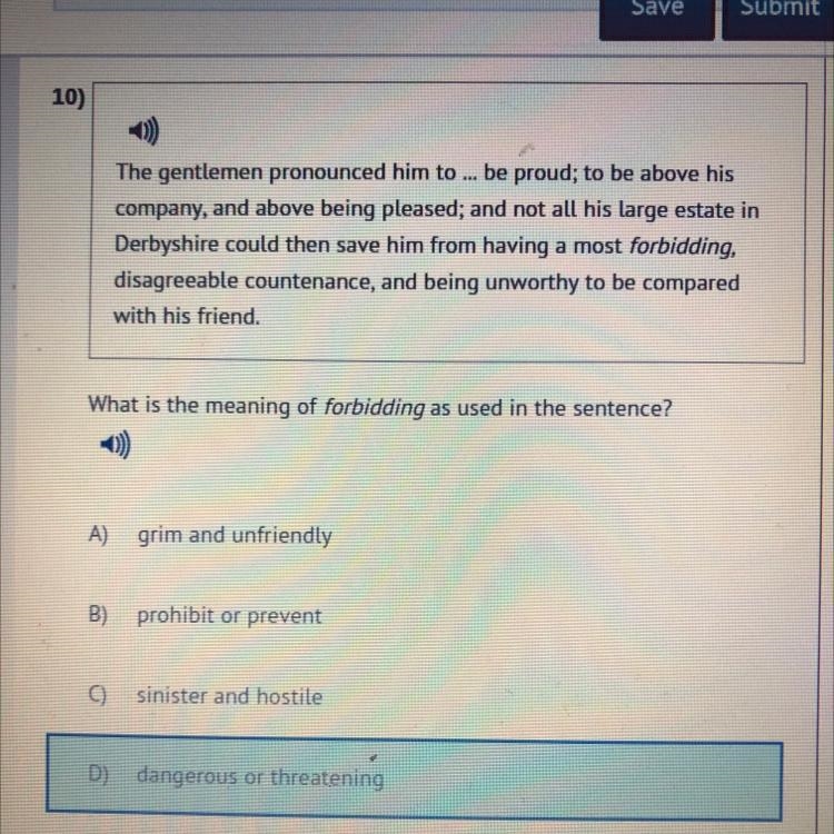 What is the meaning of forbidding as used in the sentence?-example-1