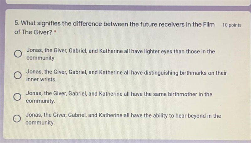 5. What signifies the difference between the future receivers in the Film of The Giver-example-1