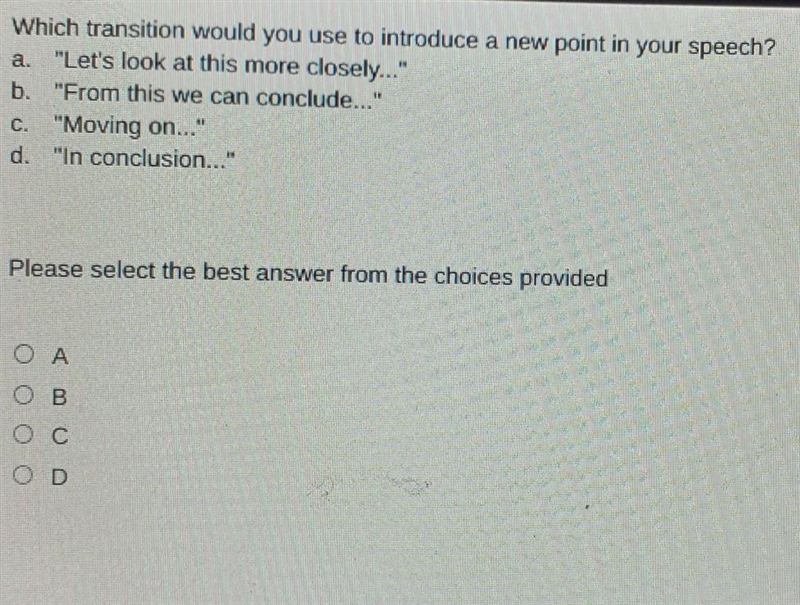 Which transition would you use to introduce a new point in your speech? "Let-example-1