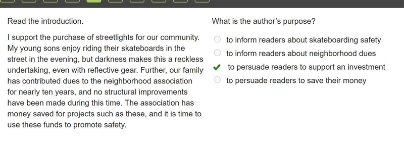 Read the introduction. I support the purchase of streetlights for our community. My-example-1